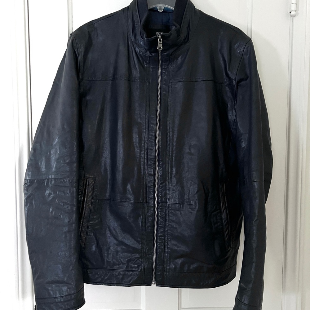 Boss Hugo BOSS Blue Black Leather Biker Motorcycle Jacket Scuba Neck 42R L